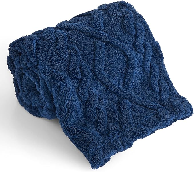 KMUSET Kids Blue Blanket for Boys Girls 30 x 40 inches, Soft Cozy Fuzzy Swaddle 3D Jacquard Throw Blanket, Navy