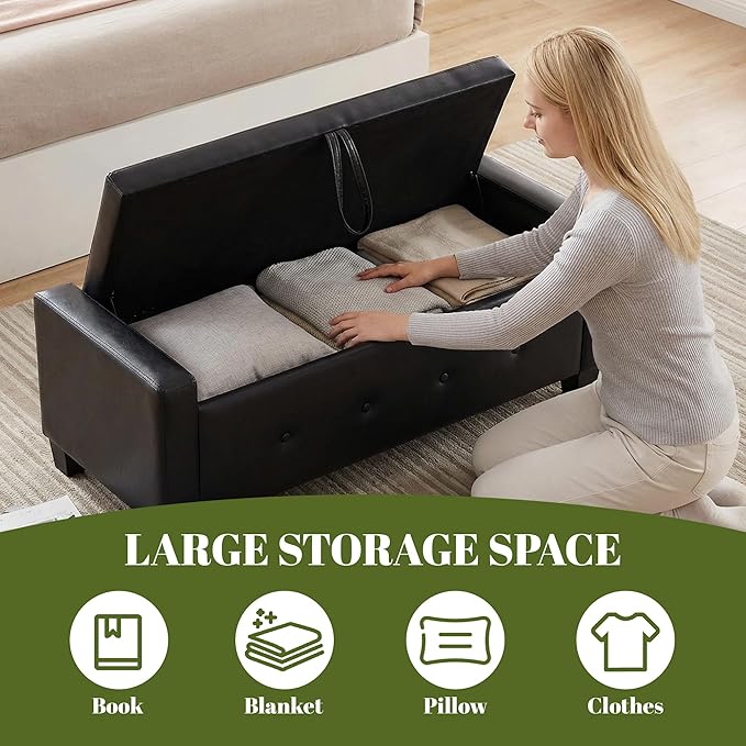 48" PU Leather Storage Ottoman Benches for Bedroom,Tufted Ottomans with Storage for Living Room,Mid Century Modern Bench with Seating for Entryway,Window,Bedside (PU Black, 48 inch)