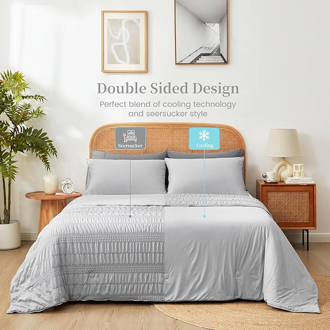 Cozy Bliss Seersucker Cooling Comforter Twin Size, Q-Max 0.45 Reversible Lightweight Cooling Blanket, Breathable Silk Smooth Summer Bedding Quilt for Hot Sleepers Night Sweats Light Grey