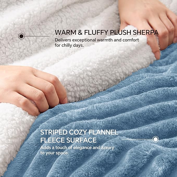 INFIIXSO Sherpa Throw Blanket for Couch - Super Soft & Warm Striped Fleece Blanket, Cozy Plush Fluffy Blanket All Season Use (Light Blue, 50x60 Inches)