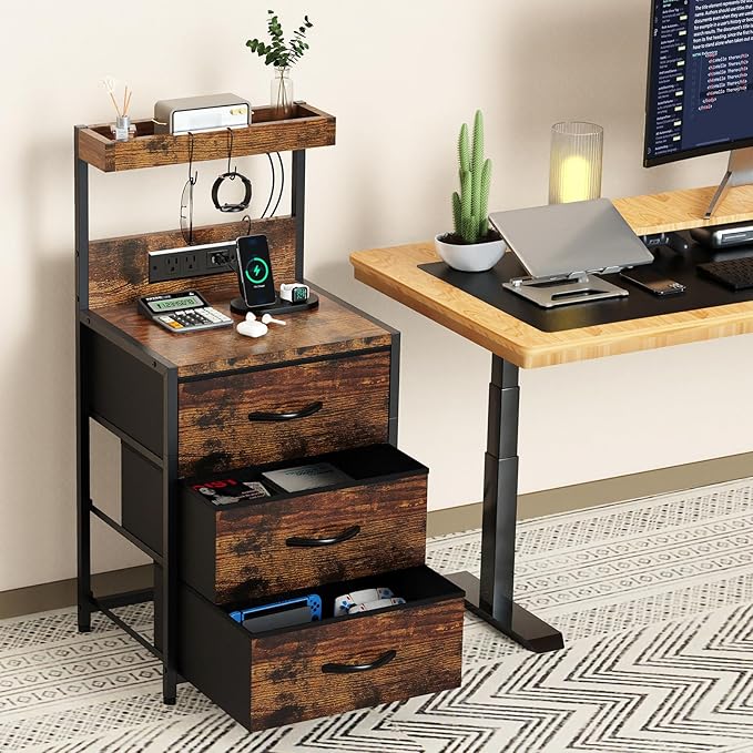Nightstand, Dresser Nightstand with Charging Station and Led Lights, 3 Drawers Night Stand with Storage Shelf and Hooks, Tall End Side Table for Bedroom, Rustic Brown