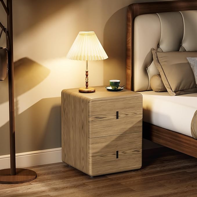 VICITON Narrow Nightstand with Drawers, Faux Leather Bedside Table, Solid Wood Drawer, Small Side Table for Bedroom (Leather Yellow Oak, 15.7" x 15.7" x 19.7")