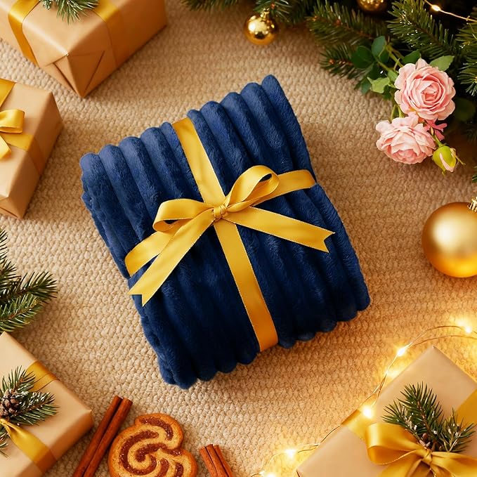 Nookly Navy Twin Size Fleece Blanket, Soft Lightweight Ribbed Plush Bed Blanket, Cozy All-Season Striped Fleece Twin Throw for Bedroom and Home, 60x80 Inches