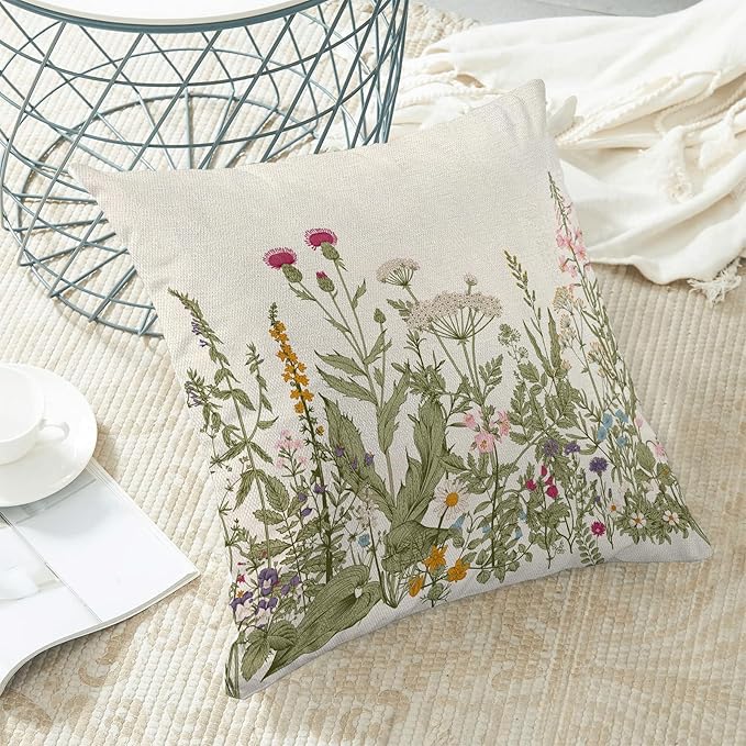 AEIOAE Sage Green Pillow Covers 16x16 Inch Set of 2, Spring Wildflower Plant Throw Pillows Case,Seasonal Floral Outdoor Decorative Flowers Farmhouse Decor Cushion Covers for Home Sofa Bed Couch