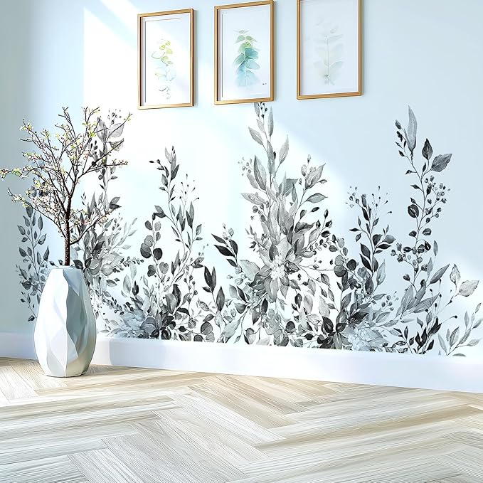 Black Plants Leaves Wall Decals Peel and Stick, Large Floral Flowers Vinyl Wall Stickers, Removable Vine Home Decor Art for Bedroom Living Room Classroom Office