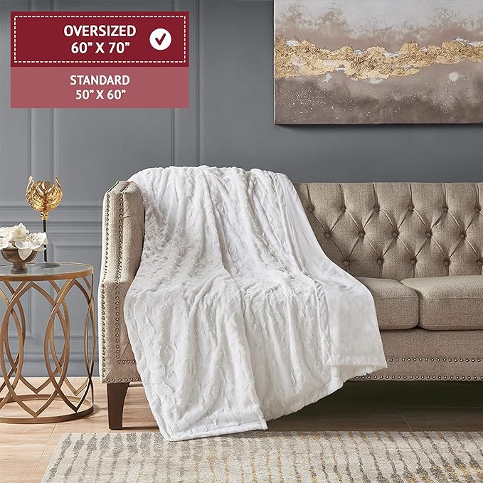 Madison Park Zuri Soft Plush Luxury Oversized Faux Fur Throw Animal Stripes Design, Faux Mink On The Reverse, Modern All Seasons Blanket for Bed, Sofa Couch, Office, White, 60x70