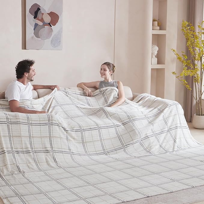 Soft Cozy 120x120 Inches Seamless Oversized King Fleece Blanket, Line Pattern Giant Huge, Extra Large 10'x10' California King Blanket for Sofa, Family, Travel, Line Ivory Grey