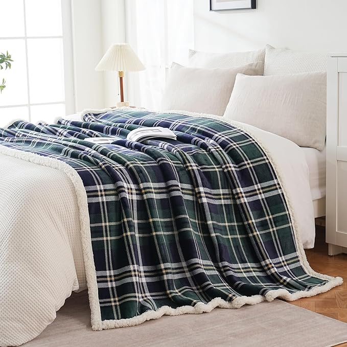 Sherpa Fleece Throw Blanket for Couch, Fluffy Plush Warm Fuzzy Blanket for Women and Men, Cozy Thick Soft Twin Blanket for Bed(Green-Soft Blue, 80"*90")
