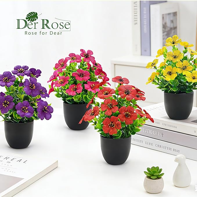 Der Rose 4 Pack Small Fake Plants Spring Artificial Flowers with Fragrance Faux Plants Indoor Black Bathroom Accessories for Home Room Office Desk Decor