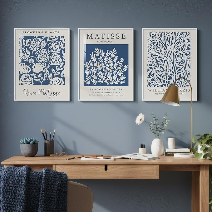 Framed Blue Matisse Wall Art for Room Decor, 3 Piece Botanical Artwork for Walls, Vintage Blue and White Plant Canvas Print, William Morris Painting Picture for Bedroom Living Room Hallway, 12x16 Inch