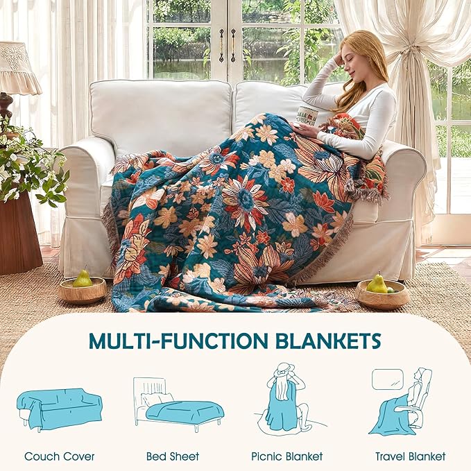 Boho Throw Blanket - 100% Cotton Ultra Soft Muslin Blanket, 90"x108" Lightweight Floral Framhouse Bedding Spring Blanket for Bed, All Season Green Bohemian Bedroom Home Decor Quilt