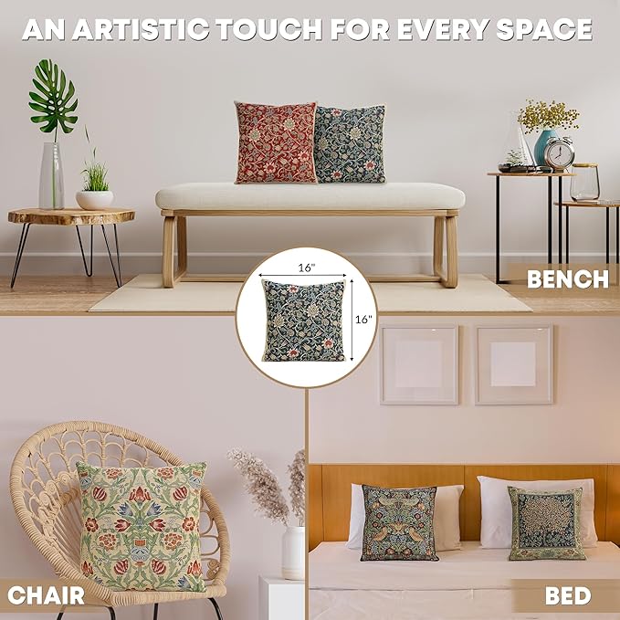 Charlotte Home Furnishings Throw Pillow Covers 16x16 in Blue Flowers Decorative Couch Pillow Cover Boho Decor European Tapestry Cushion Cases Living Room Cozy Home Decor Jacquard Woven Soft Cotton
