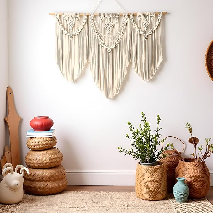 guzhiou large macrame wall hanging - Boho Tapestry Macrame Wall Decor Art- Chic Bohemian Handmade Woven Tapestry Home Decoration for Bedroom Living Room Apartment Wedding Party - 43"x32" (Beige-Leaf)