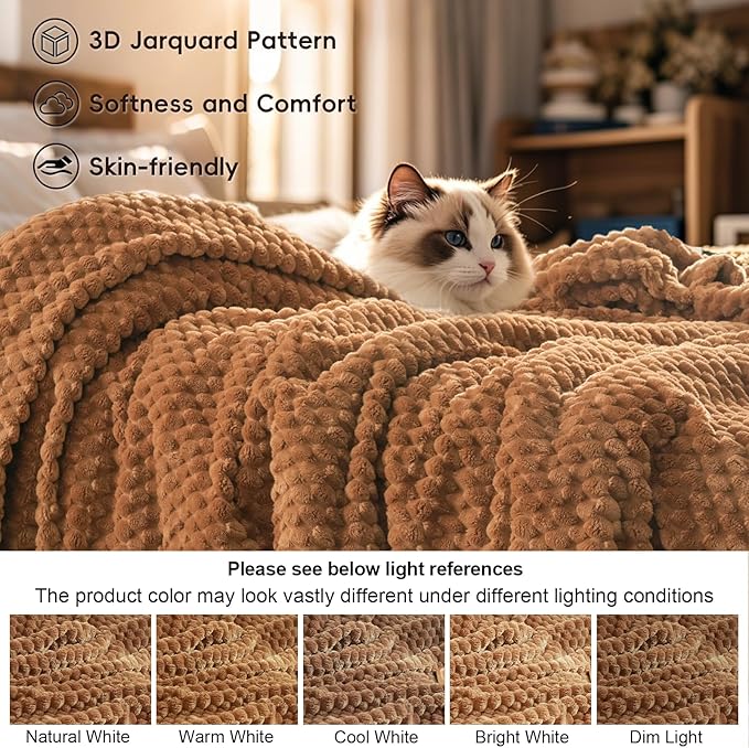 PHF Ultra Soft Flannel Fleece Blanket Queen Size, Lightweight 3D Jacquard Fleece Blanket, No Shedding, No Pilling, Luxury 340GSM Aesthetic Fluffy Cozy for Bed Room Decor, 90"x90", Brown Sugar/Toast