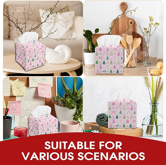 Pink Christmas Trees and Bow Tissue Box Cover Holder, Christmas Tissue Box Cover Square, Xmas Gift Ideas for Family Friends, Bathroom Kitchen Car Office Home Table Decor(5.2 Inches)-B11