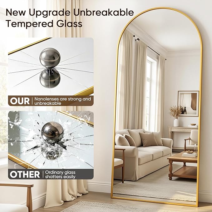 Antok Full Length Mirror, 90"x46" Floor Mirror with Stand, Hanging Mounted Mirrors for Bedroom, Living Room, Cloakroom, Dining Room, Gold, Arched