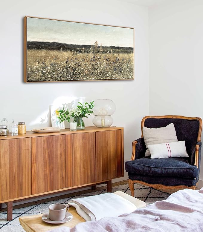 DJSYLIFE Framed Vintage Wall Art, Extra Large Wildflower Fields Canvas Wall Art, Classical Flowers Landscape Painting Prints, Country Farmhouse Living Room Decor, Modern Home Bedroom Decor 24x48inch