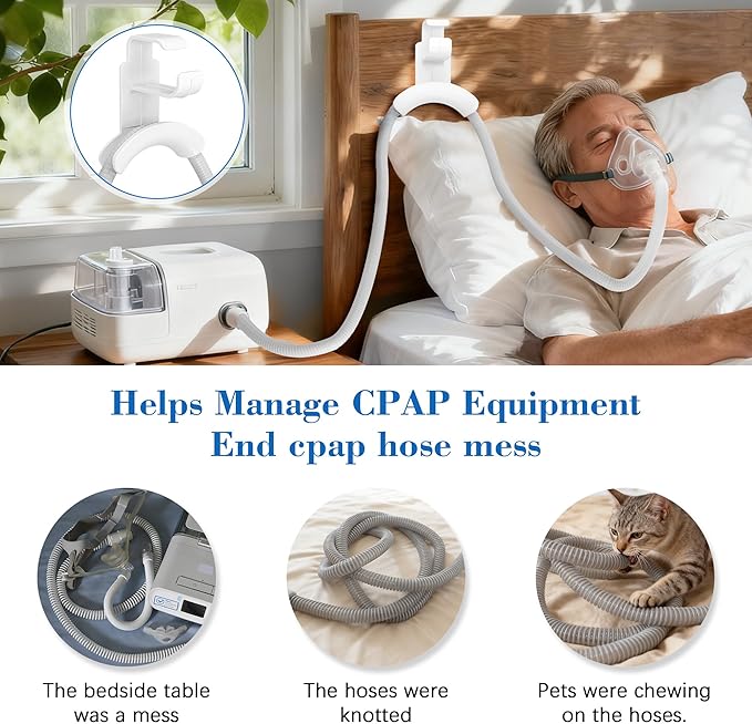 2 Pack CPAP Hose Holder for Bed, CPAP Tube Holder Compatible with CPAP Hose & Headgear Storage, Bedside CPAP Hook for CPAP Organization with 4 Removable Strips (White+Black)