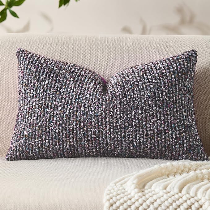 Allorry Decorative Lumbar Pillow Cover 12x20 Purple Striped Soft Wool Lumbar Throw Pillow Neutral Textured Boho Cushion Covers for Modern Farmhouse Sofa Bedroom Living Room Decor SY011-E12