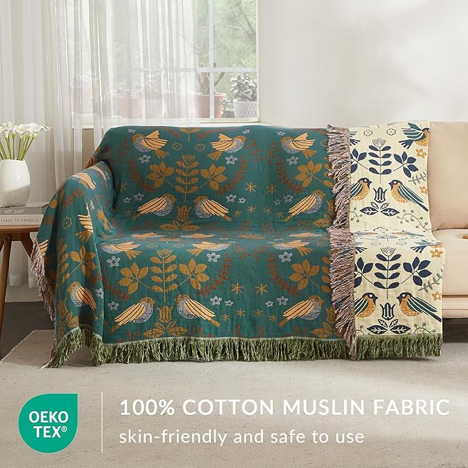Boho Throw Blanket for Couch Sofa Bed, 100% Cotton Woven Quilt with Tassel 80”x90”, Super Soft Muslin Blanket with Bird Printed, Decorative Reversible Bed Blanket/Cover for All Seasons