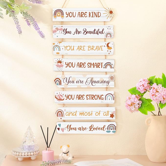 Inspirational Girl Room Decor Aesthetic Art Wall Hanging Sign Inspiring Colorful Rainbow Wooden Decoration for Kids Teens Toddler Boy Baby Bedroom Nursery Dorm Decor, 6-12 Years old (Boho)