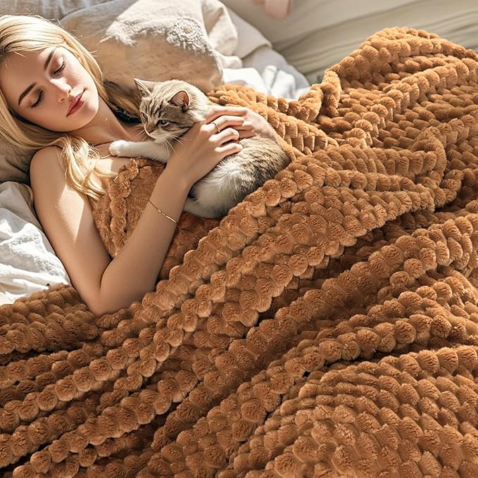 PHF Ultra Soft Flannel Fleece Blanket Queen Size, Lightweight 3D Jacquard Fleece Blanket, No Shedding, No Pilling, Luxury 340GSM Aesthetic Fluffy Cozy for Bed Room Decor, 90"x90", Brown Sugar/Toast