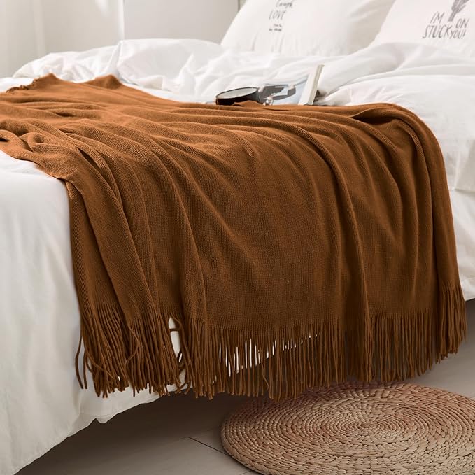 Homiest Decorative Knitted Throw Blanket with Fringe, Lightweight Acrylic Knit Blanket, Soft & Cozy Tassel Throw for Couch Sofa Bed (Camel Brown, 50 x 60 Inch)