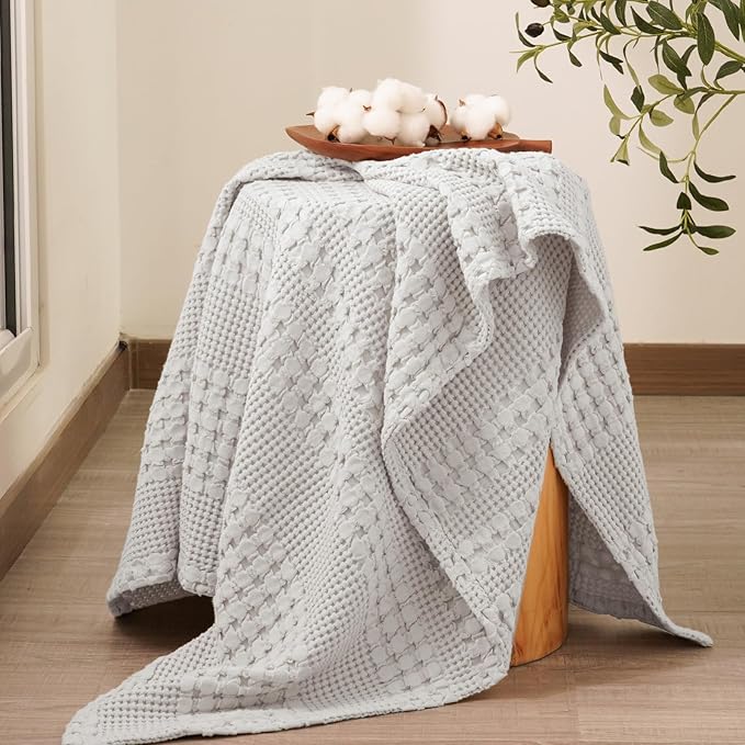 PHF 100% Cotton Waffle Weave Throw Blanket, Soft Lightweight Breathable Cozy Throws for Couch Bed Sofa, Luxury Aesthetic Blanket Gift for Home Decor & Office, 50"x60", Light Grey