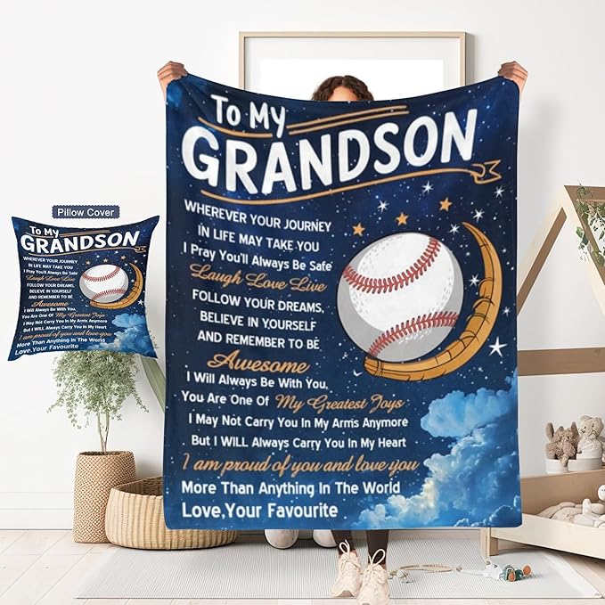 ITFRO Grandson Gift Flannel Fleece Throw Blanket Pillow Cover Set 50x60 Inch Ultra Soft Polyester Blanket 18x18 Inch Plush Pillow Case All Seasons for Birthday Christmas (Royal Blue)