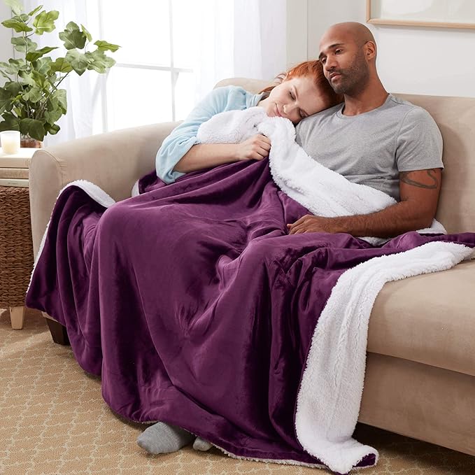Genteele Sherpa Throw Blanket Super Soft Reversible Ultra Luxurious Plush Blanket, 50 x 60 inches, Rich Purple/White