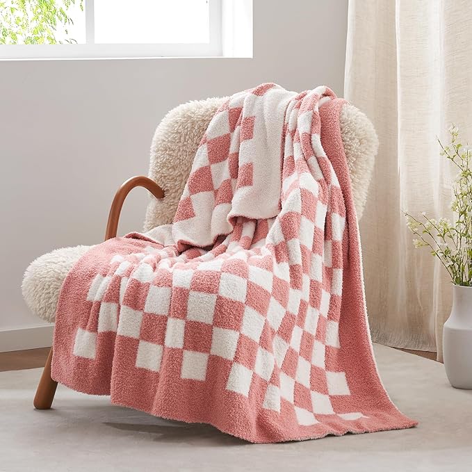 Snuggle Sac Checkered Throw Blanket for Couch, Super Soft, Cozy Warm Knit Blankets, Reversible Plaid Fluffy Throws for Sofa Bed Checkered Pink, 50x60 Inches