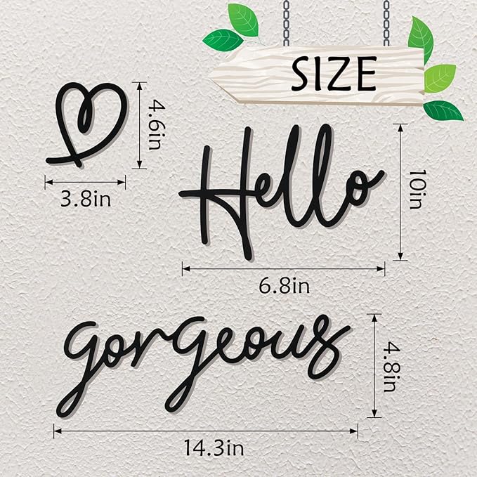 Bnesi Hello Gorgeous Heart Sign Wall Decor Black Metal Wall Decor Modern Hello Gorgeous Elegant Metal Wall Art Decor for Bathroom, Bedroom, Lash room (Black, Large)