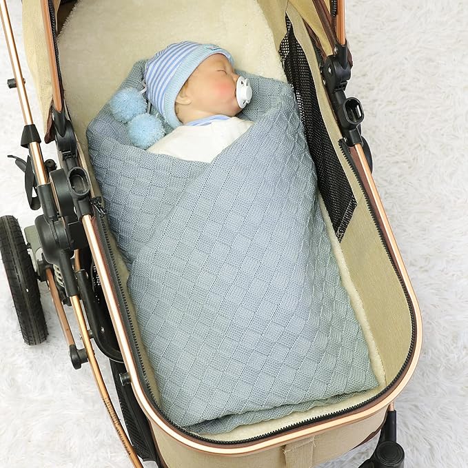 LAWKUL Baby Blanket Blue Newborn Babe Blankets Cable Knitted Soft Receiving Swaddle Cuddle Toddler Boy Girl Stroller 40"x30"