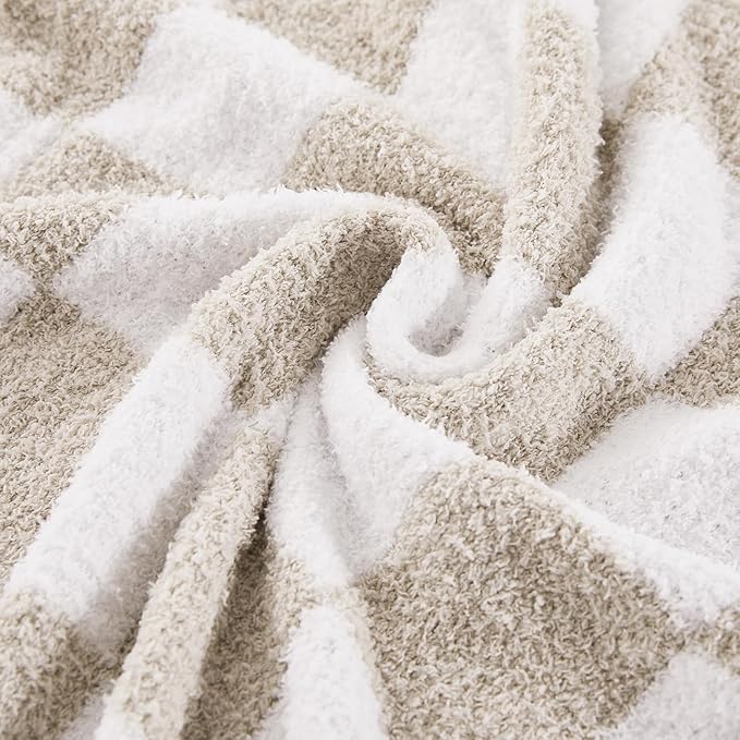 Checkered Throw Blanket, Taupe Soft Cozy Fluffy Knitted Throw Blankets for Couch, Sofa, Bed, Chair, Warm Fuzzy Travel Picnic Lightweight Plaid Blanket, 60x80 inches