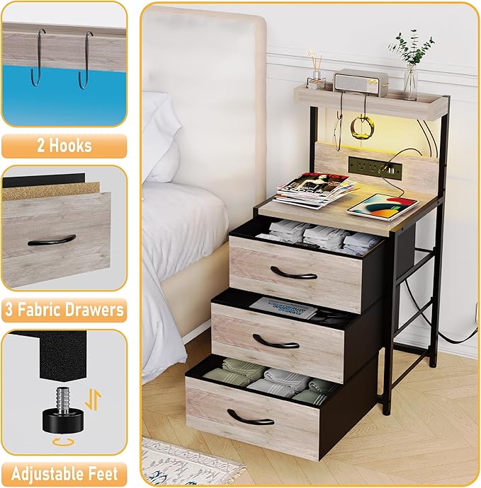 Night Stand Set 2 with LED Lights for Bedroom, Bedside Nightstands with Power Outlet and Type C Port, Matching Tables with 3 Fabric Drawers, Hooks, and Shelves, Greige