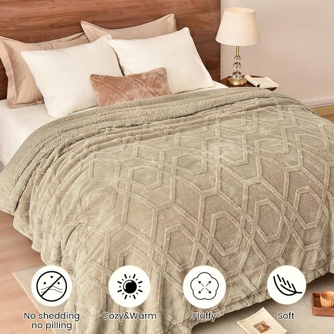 PHF Fluffy Sherpa Fleece Blanket Queen Size for Winter, Warm and Cozy, 510GSM 3D Tufted Shaggy Fleece Blanket for Sofa Bed, Khaki, 90"x90"