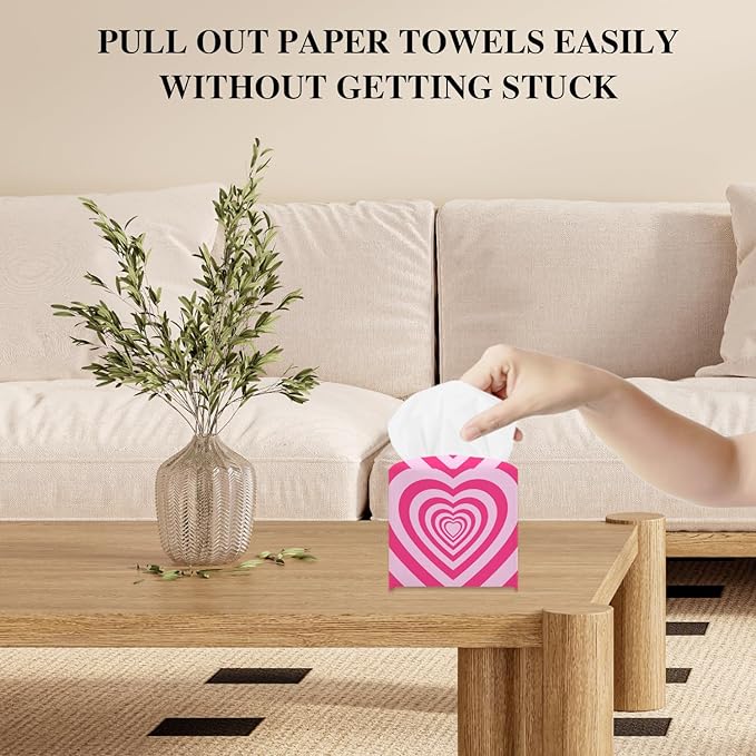 Pink Heart Tissue Box Cover, Cute Tissue Holder Square with Bottom Belt for Home Bathroom Office Vanity Countertop, Valentine's Day Gifts Ideas for Women Friends Mom Bestie -15