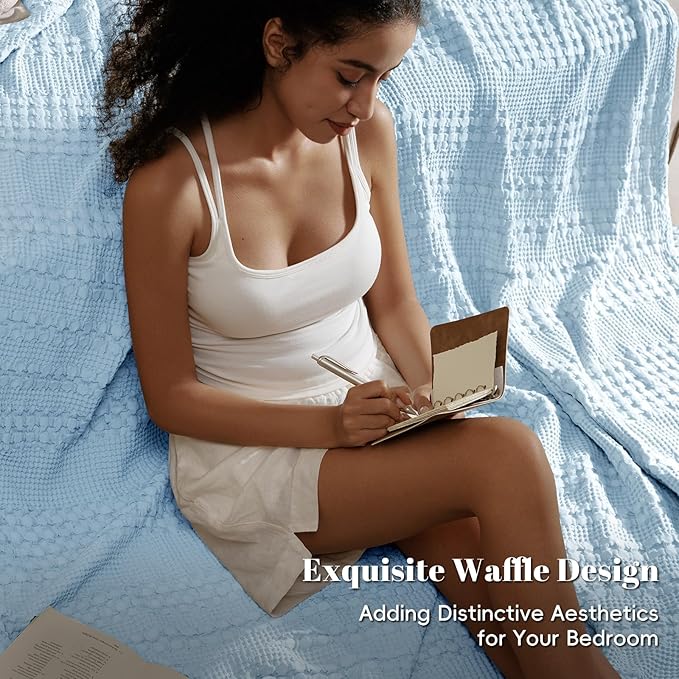 PHF 100% Cotton Waffle Weave Blanket Twin Size for Bed, Soft Lightweight & Breathable for Spring and Summer, All-Season Comfort, Luxury Aesthetic Blanket for Home Decor, 66"x90", Baby Blue