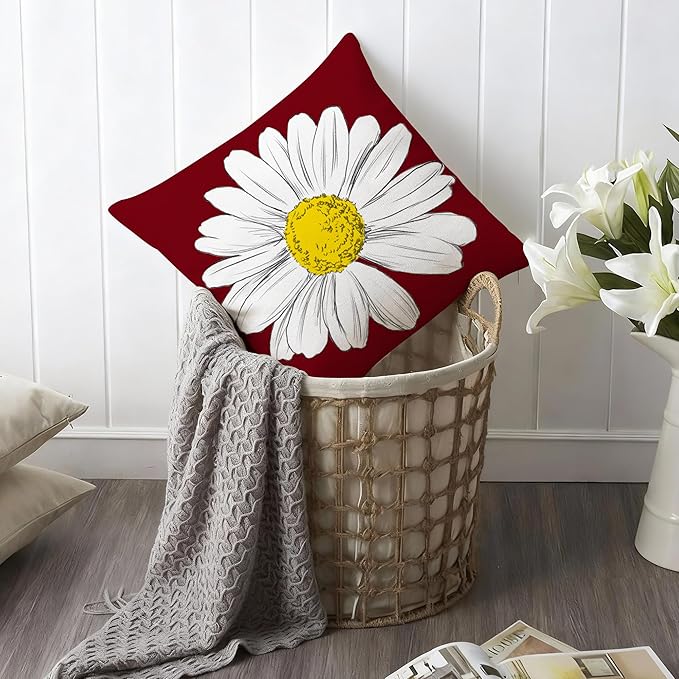 Hexagram Spring Summer Pillow Covers 18x18 Set of 4, Outdoor Floral Daisy Decorative Burgundy Throw Pillow Covers, You are My Sunshine Farmhouse Cushion Case for Couch Sofa Indoor Decor(No Insert)