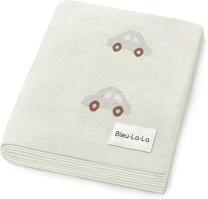 Knit Baby Blanket for Girls and Boys 100% Cotton Buttery Soft Cozy Receiving Swaddle Stroller Blanket for Shower Gift Registry for Newborns, Infants, Toddlers (Cars - Cream)