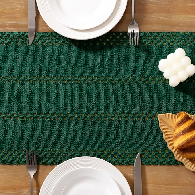 Socomi Boho Table Runner Easter Spring Farmhouse Rustic Dining Kitchen Centerpiece Decor Small Macrame Woven Cotton Linen Coffee Table Runner for Dresser Scarf Home Decor 12x60 inch Emerald Green