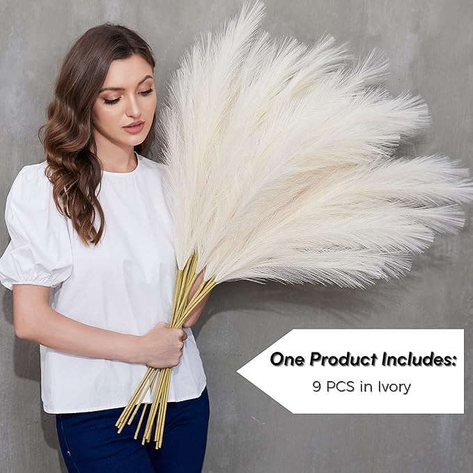 Faux Pampas Grass, 9 PCS 37''/3.1FT Tall Fluffy Fake Pompas Floral, Large Artificial Pompous Grass Branches for Floor Vase Fillers, Boho Farmhouse Room Wedding Decor