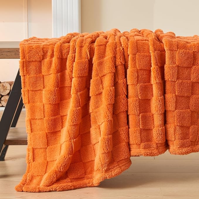 NEWCOSPLAY Super Soft Throw Blanket Orange Premium Silky Flannel Fleece 3D Checkered Lightweight Bed Blanket All Season Use (Orange Checkered, Throw(50"x70"))