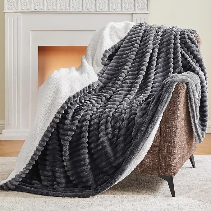 INFIIXSO Sherpa Throw Blanket for Couch - Super Soft & Warm Striped Fleece Blanket, Cozy Plush Fluffy Blanket All Season Use (Grey, 50x60 Inches)