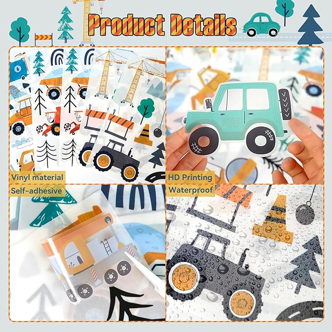 Construction Wall Stickers - 6 Sheets 90 Pcs Construction Themed Trucks Excavator Crane Wall Decals Peel and Stick Wall Decors for Kids Baby Bedroom Boys Room Nursery Playroom