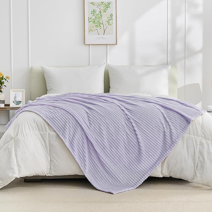 Bnuitland Fleece Throw Blanket for Couch, 300GSM Soft Warm Cozy Fluffy Throw for Adults & Kids, Stripe Pattern, All Season Sofa Bed Blanket for Home Decor, Light Purple 50"x70"