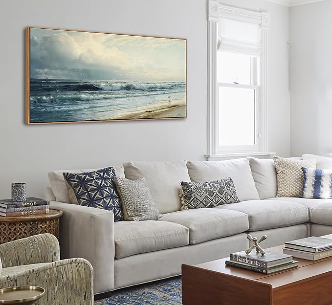 DJSYLIFE Vintage Coastal Beach Wall Art, Framed Canvas Art for Living Room Large Artwork Rockaway Beach Seascape Painting Prints Nature Ocean Waves Pictures Bedroom Above Bed Wall Decor 20"x40"
