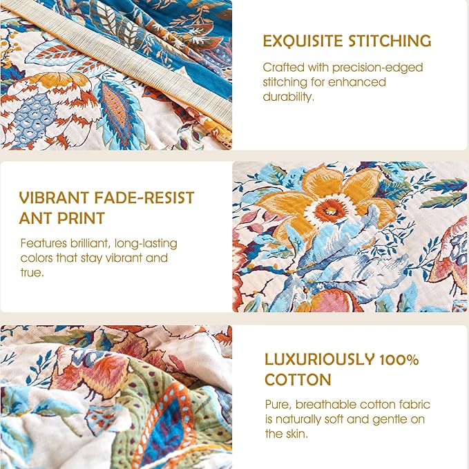 Boho Throw Blanket - 90"x108" 100% Cotton Ultra Soft Lightweight Spring Blanket, 4-Layer Breathable Muslin Blankets for Bed Couch, Reversible Green Floral Butterfly Printed Bohemian Quilt