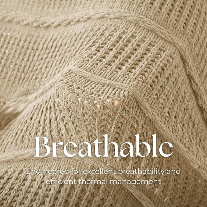 Boho Knitted Chenille Blanket with Tassels - Lightweight & Soft All-Season Throw - 3D Classic Pattern for Living Room Bedroom Couch, Sandy Beige, Queen 90"x90"