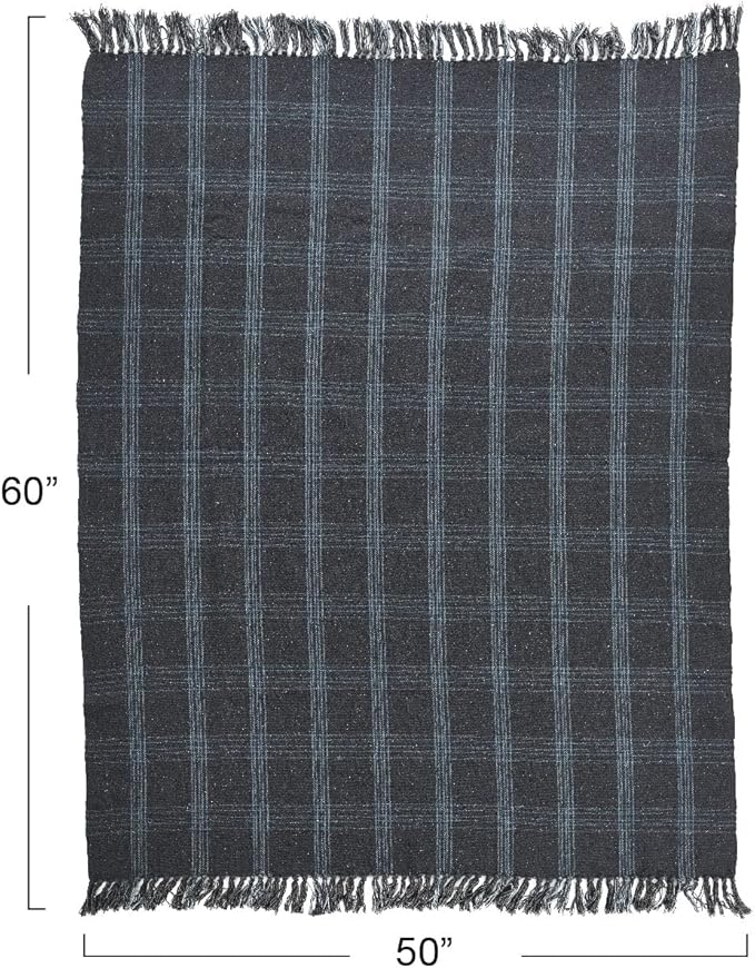 Creative Co-Op Recycled Cotton Blend Throw Blanket with Fringe, Grey Plaid (Pack of 4)